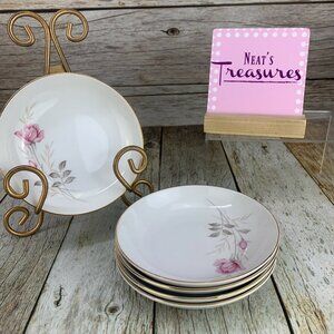 Camelot AMERICAN ROSE Pink Floral Gray Leaves China Fruit Dessert Bowls  Set 5